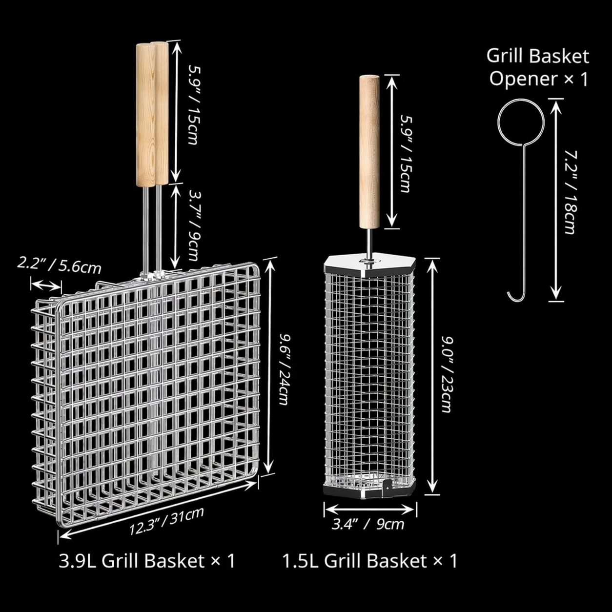 Stainless Steel BBQ Grill Basket Set with Removable Wooden Handles