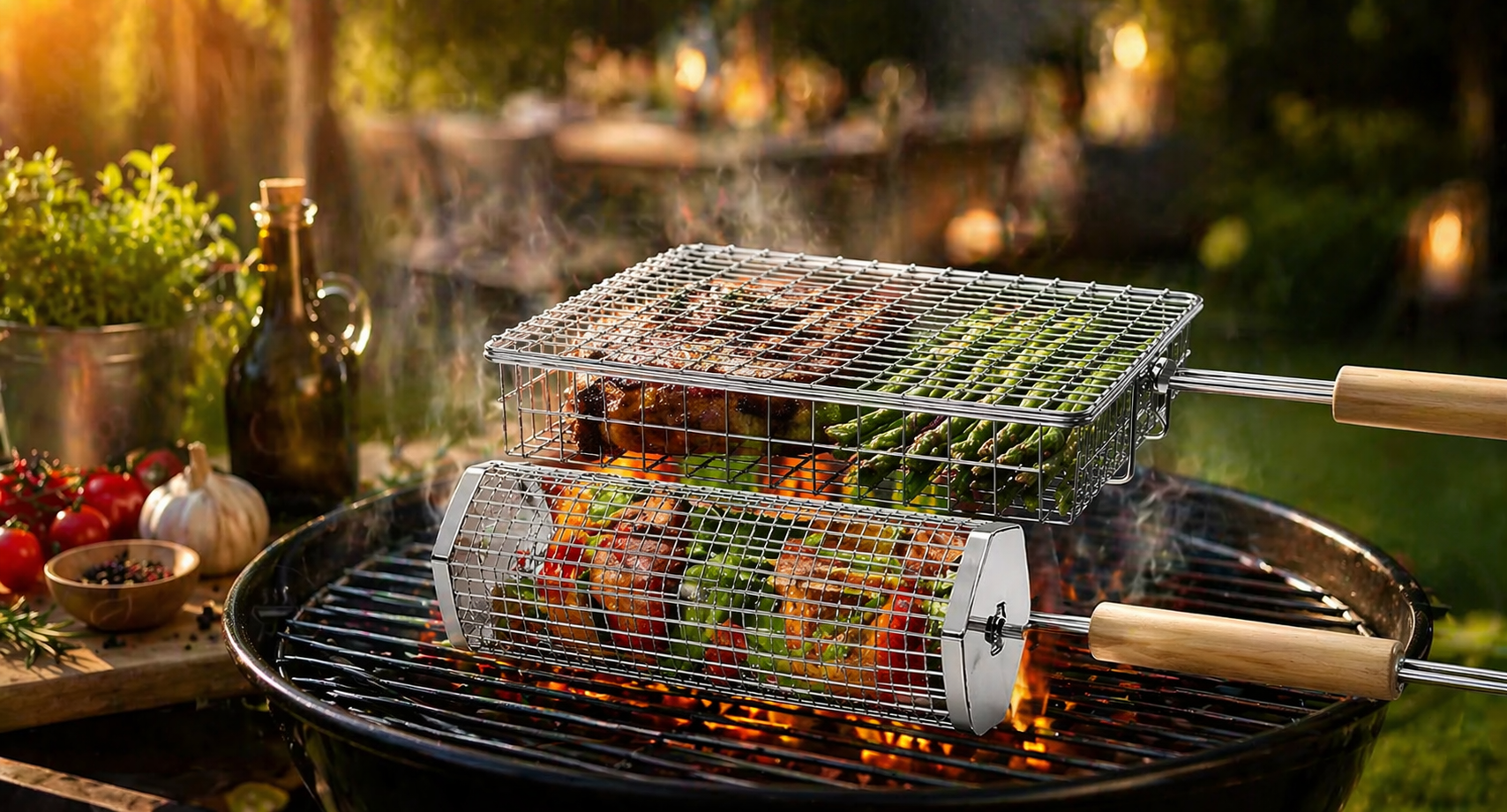 Stainless Steel Grill Basket Set with Removable Wooden Handles