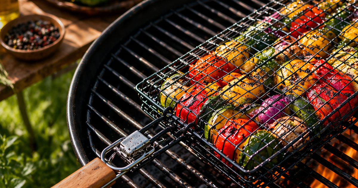 BBQ Vegetable Basket with Wooden Handle for Easy Grilling